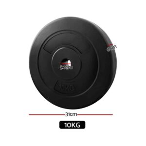 Everfit 10kg black weight plate showing 31cm diameter, 6cm thickness, and 3.1cm centre hole for barbell compatibility