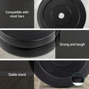 Close-up of Everfit 10kg black weight plates showing strong, tough construction, stable stand design, and compatibility with most barbell bars
