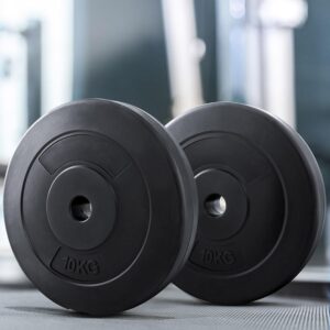 Pair of Everfit 10kg black weight plates with solid construction, suitable for barbell and strength training workouts