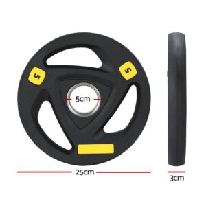 Everfit 5kg black weight plate showing dimensions, including 25cm diameter, 3cm thickness, and 5cm centre hole, with triple-grip rubber-coated design for barbells and dumbbells