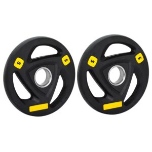 Pair of Everfit 5kg black weight plates with rubber coating and triple-grip handles, suitable for barbells, dumbbells, and home gym strength training
