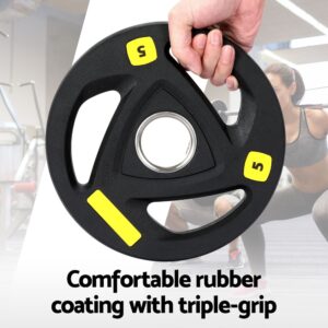 Everfit 5kg weight plate featuring comfortable rubber coating and triple-grip handles for safe, versatile strength training and home gym workouts