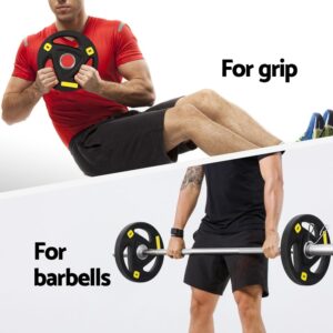 Everfit 5kg Olympic weight plates used for grip training and barbell exercises, featuring triple-grip design and rubber coating for home gym workouts
