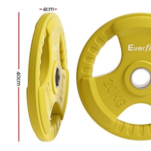 Everfit 20kg Olympic weight plate showing 40cm diameter and 4cm thickness with triple-grip handles and durable rubber coating for strength training and home gym use