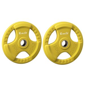 Everfit 20kg Olympic weight plates pair with triple-grip handles and durable rubber coating, suitable for barbells, strength training, and home gym workouts
