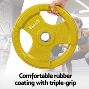 Everfit 20kg Olympic weight plate with comfortable rubber coating and triple-grip handles, shown being held for safe and controlled strength training exercises