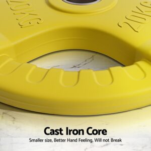 Close-up of Everfit 20kg Olympic weight plate showing the durable cast iron core and rubber-coated tri-grip design for safe and reliable strength training