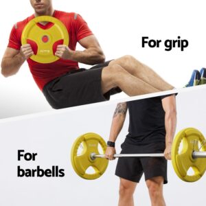 Everfit 20kg Olympic weight plates shown in use for grip training and barbell exercises, featuring tri-grip handles and rubber coating for safe strength workouts