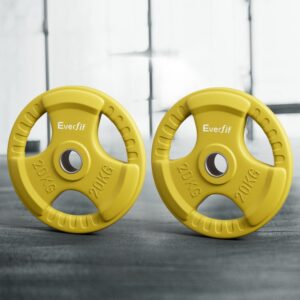 Everfit 20kg Olympic weight plates pair with yellow tri-grip handles, rubber coated for safe strength training and home gym use