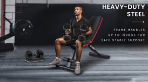 Heavy-duty steel adjustable weight bench for home gym workouts, supporting up to 150kg with stable frame and incline training positions