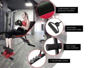 Adjustable foldable weight bench for home gym training with resistance band, sweat-resistant padding, soft foam foot support and multiple incline levels
