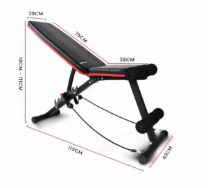 Adjustable foldable weight bench with full dimensions shown, including length, width, height, and backrest measurements for home gym use