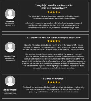 Customer reviews and five star ratings for home gym weight bench highlighting build quality, stability and ease of assembly