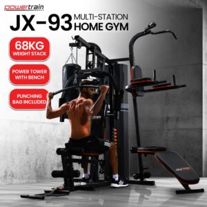 Powertrain JX-93 multi-station home gym with 68kg weight stack, power tower, adjustable bench and included punching bag for full body strength training