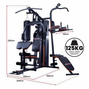 Powertrain professional multi gym showing full dimensions and 125kg maximum user weight capacity for safe full body home gym training