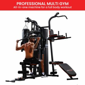 Powertrain professional multi gym all-in-one home gym machine designed for full body workouts including chest, back, arms, legs and core training