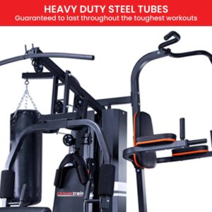 Powertrain home gym featuring heavy-duty steel tubes built for tough workouts with integrated punching bag, pull-up station and multi-function strength training system