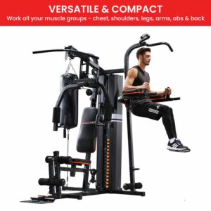 Powertrain home gym versatile and compact design targeting chest, shoulders, legs, arms, abs and back with integrated punching bag and multi-station strength training setup