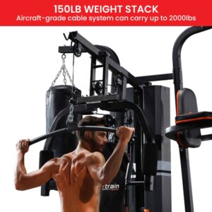 Powertrain home gym with 150lb weight stack and aircraft-grade cable system, featuring integrated punching bag station for full-body strength and cardio training