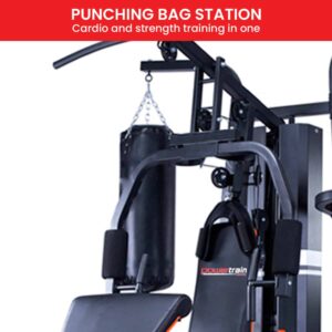 Powertrain punching bag station for home gym cardio and strength training, featuring integrated heavy bag, multi-station frame, and full body workout design
