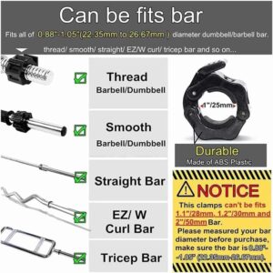25mm barbell spring clip collar compatibility guide showing fit for threaded, smooth, straight, EZ curl and tricep bars (22.35mm–26.67mm)