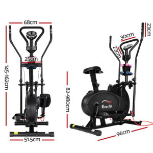 Everfit 6-in-1 elliptical cross trainer dimensions showing adjustable height, compact footprint, ergonomic design and space-efficient home fitness equipment measurements