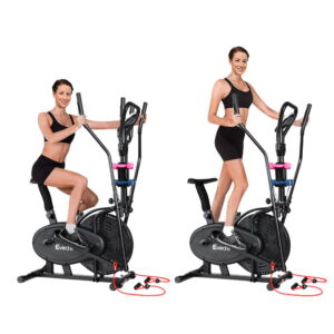Everfit 6-in-1 elliptical cross trainer demonstrating seated cycling and standing elliptical workout modes with integrated resistance bands for versatile full body home fitness training