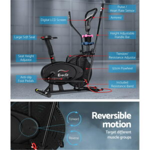 Everfit 6-in-1 elliptical cross trainer showcasing LCD display, heart rate sensors, adjustable handlebars, resistance control, large flywheel, resistance bands and reversible motion training system
