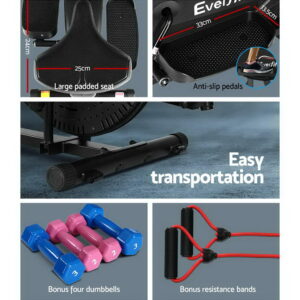 Everfit 6-in-1 elliptical cross trainer featuring padded seat, anti-slip pedals, transport wheels, included dumbbells and resistance bands for versatile home fitness workouts