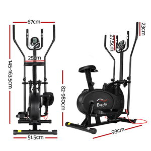Everfit 5-in-1 elliptical cross trainer dimensions showing 93cm length, 51.5cm width, adjustable handlebar height from 145cm to 163.5cm and adjustable seat height from 82cm to 98cm
