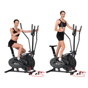 Everfit 5-in-1 elliptical cross trainer demonstrating seated cycling and standing elliptical workout modes with integrated resistance bands for versatile full body home fitness training