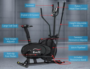 Everfit 5-in-1 elliptical cross trainer showcasing LCD display, heart rate sensors, adjustable handlebars, resistance control, flywheel system, resistance bands and ergonomic home fitness design