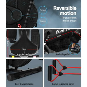 Everfit 5-in-1 elliptical cross trainer featuring reversible motion, padded seat, anti-slip pedals, transport wheels and resistance bands for versatile full body home fitness workouts