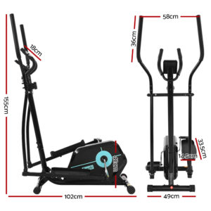 Everfit magnetic elliptical cross trainer dimensions showing 102cm length, 49cm width, 155cm height and compact footprint for home fitness spaces