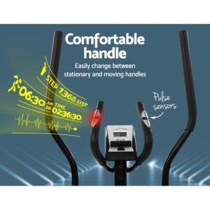 Everfit elliptical cross trainer featuring pulse sensors, LCD workout monitor, stationary and moving handlebars for tracking cardio fitness and workout performance