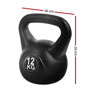 12kg kettlebell with dimensions displayed, featuring a 26cm wide ergonomic handle and 29cm height for strength training and functional fitness workouts