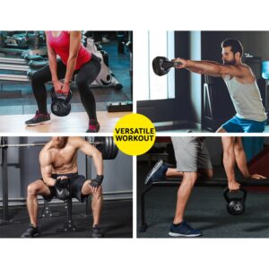 People performing a variety of strength and conditioning exercises with a 16kg kettlebell, including swings, squats, rows and functional fitness training