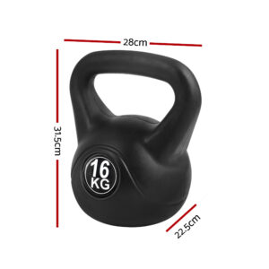 16kg kettlebell with dimensions shown, measuring 31.5cm high, 28cm wide and 22.5cm deep for strength training and functional fitness workouts
