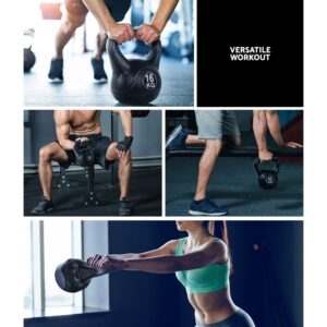 Athletes performing strength and conditioning exercises with a 16kg kettlebell, including swings, rows, carries and functional fitness training