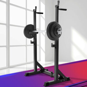 Heavy duty squat rack stands with adjustable barbell supports and weight plate storage for home gym strength training