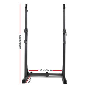 Adjustable squat rack with height range from 128cm to 160cm, width adjustment from 58cm to 85cm and stable steel base design