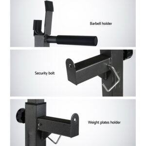 Close-up of squat rack features showing barbell holders, safety locking pins and integrated weight plate storage pegs