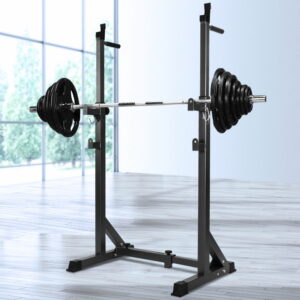 Everfit squat rack setup with loaded Olympic barbell, adjustable safety supports and weight plate storage for home gym strength training
