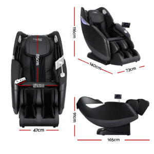 Black Livemor massage chair shown from front, angled, and reclined side views with labeled dimensions. Measurements include 85 cm back height, 52 cm seat width, 47 cm footrest width, and overall sizes of approximately 140 cm length, 73 cm width, 116 cm height when upright, extending to 165 cm length and 91 cm height when reclined.