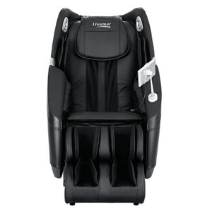 Front view of a black Livemor massage chair showing padded headrest, armrest areas, and leg and foot massage compartments. The chair features integrated speakers near the head area and a side-mounted remote control, with a sleek, modern design against a plain background.