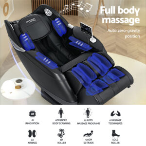 Black Livemor massage chair in a reclined zero-gravity position featuring full-body massage zones highlighted in blue, including shoulders, arms, back, legs, and feet. The chair includes a side-mounted remote control, built-in speakers, and is surrounded by icons showing AI innovation, advanced body scanning, 12 auto massage programs, 6 techniques, 24 airbags, 3D rollers, 130cm SL-track, and sole rollers.