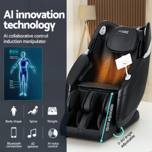 Black Livemor massage chair featuring AI body scanning technology, heat therapy on the seat, and adjustable reclining angles, displayed beside a graphic showing body-shape detection, spine alignment, Bluetooth connectivity, 3D speakers, and voice control features.