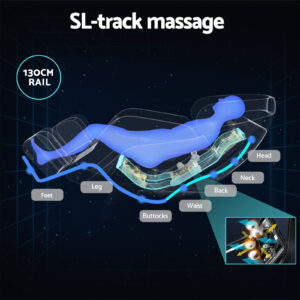 Livemor Flynn massage chair featuring a 130cm SL-track system designed to provide massage coverage from the neck and back through to the hips, legs and feet