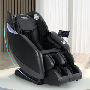 Livemor Flynn 3D massage chair with full body air compression massage, foot massage system and touchscreen controller in a modern home setting
