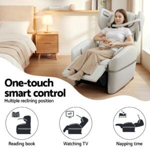 White Livemor massage chair placed in a modern bedroom setting with a bed, bedside table, lamp, and wall shelf in the background. A person is seated in the chair in a reclined position with the footrest extended, holding a bowl of snacks and using a mounted device holder for viewing. Text on the image reads “One-touch smart control – Multiple reclining position,” with icons illustrating different positions for reading, watching TV, and napping.